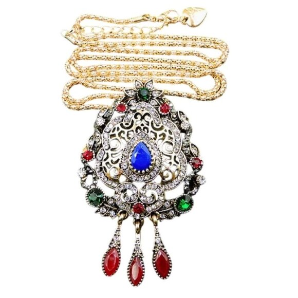 Betsey Johnson Necklace Red Blue Green Crystal Brooch / Pendant Gold Tone - Picture 1 of 2